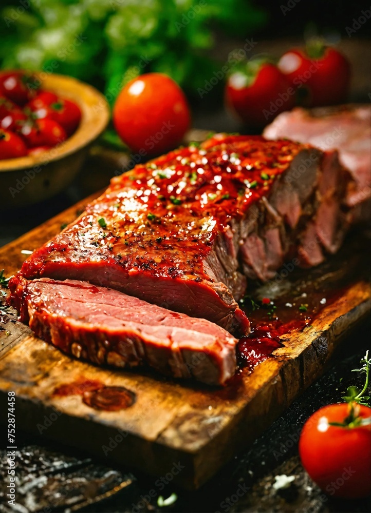 Wall mural delicious juicy slice of meat, beef, pork on wooden plate, blurred background