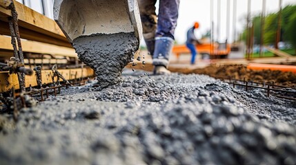Naklejka premium Builders are laying the foundation for a house. House, foundation, construction, cement, concrete, brick, support, earth, pit, reinforcement, basement, mortar. Generated by AI