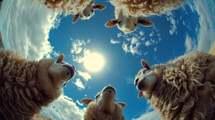 Bottom view of sheeps standing in a circle against the sky. An unusual look at animals. Animal looking at camera