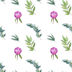 Watercolor seamless pattern with hand painted pink flowers of peony, leaves in pastel color inspired by garden plant. Romantic floral background perfect for fabric textile, vintage paper, scrapbooking