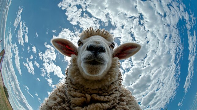 Bottom view of a sheep against the sky. An unusual look at animals. Animal looking at camera