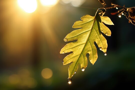 Sunrise Serenity: Leaf with morning dew and sunrise bokeh lights creating a calm and tranquil scene.