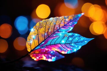 Burst of Color: Close-up shot of a colorful leaf with vibrant bokeh lights in the background.