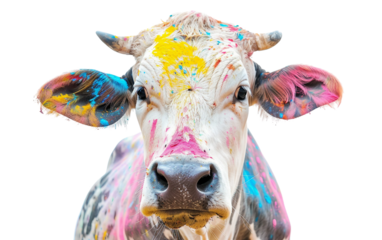 Smiling Cow Bedecked in Holi Colors Isolated on Transparent Background PNG.