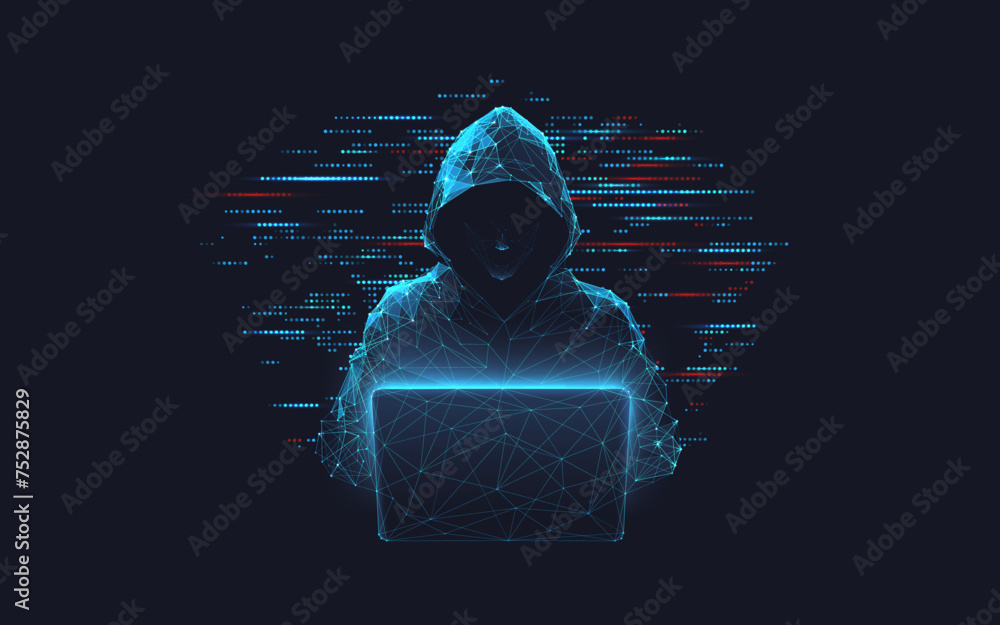 Fototapete Abstract polygonal hacker with laptop on technology dark background. Cyber attack and cyber security concepts. Computer hacking. Digital technology. Man in hoodie. 3D low poly vector illustration. 