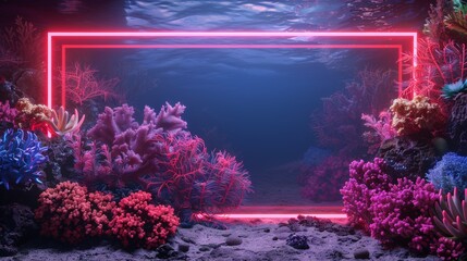 Obraz na płótnie Canvas Neon Light Frame Glowing Underwater Coral Reef