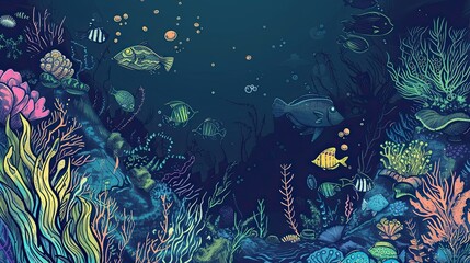 Fototapeta na wymiar Fish underwater. Abstract, stone, doodle, algae, coral, sea, aquarium, fishing, scales, river, ocean, lake, fishing rod, food, fin, caviar, crucian carp, gills. Generated by AI