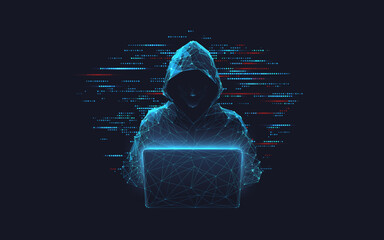 Abstract polygonal hacker with laptop on technology dark background. Cyber attack and cyber security concepts. Computer hacking. Digital technology. Man in hoodie. 3D low poly vector illustration. 