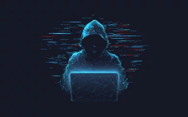 Gardinen Abstract polygonal hacker with laptop on technology dark background. Cyber attack and cyber security concepts. Computer hacking. Digital technology. Man in hoodie. 3D low poly vector illustration.  © anttoniart 
