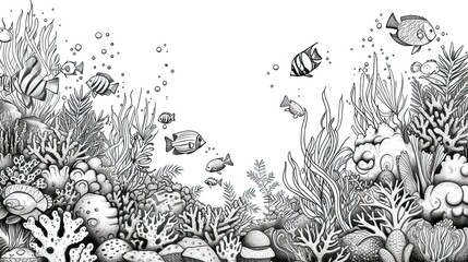 Fish underwater. Abstract, doodle, algae, coral, sea, aquarium, fishing, scales, river, ocean, lake, fishing rod, food, fin, caviar, crucian carp, gills. Generated by AI