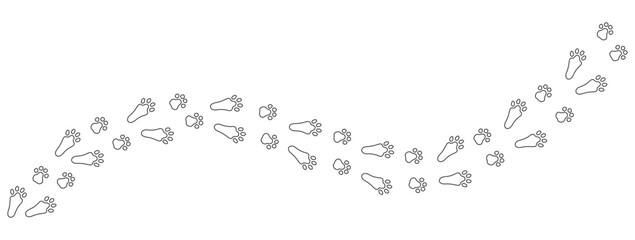 Rabbit or hare footprints forming a diagonal trail. Outline. Easter Bunny's tracks. Black vector isolated on white background. Good for pet shop, print, textile, game, postcard, zoo, clothes.