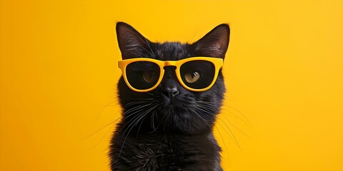 Stylish black cat posing in yellow sunglasses against vibrant backdrop. Concept Pet Photography, Stylish Poses, Black Cat, Yellow Sunglasses, Vibrant Backdrop