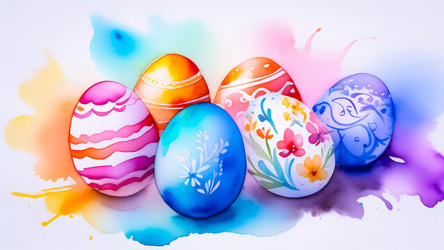 Easter eggs painted in watercolor on a white background. Easter card