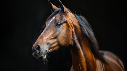 an arab horse portrait looking direct in camera with low-light, black backdrop - obrazy, fototapety, plakaty