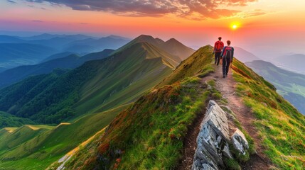 Adventurous hikers on a mountain sunset trek in summer, active outdoor tourism activity - obrazy, fototapety, plakaty