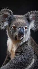 a koala close-up portrait looking direct in camera with low-light, black backdrop 