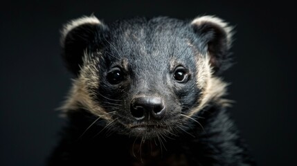 an honey badger close-up portrait looking direct in camera with low-light, black backdrop - obrazy, fototapety, plakaty
