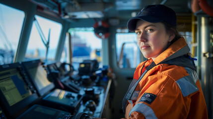 Portrait of empowered female maritime professional at work - obrazy, fototapety, plakaty