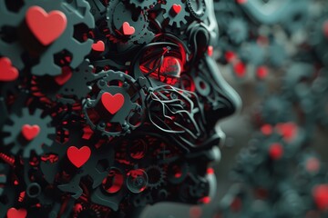 Abstract robotic face with red hearts, blending technology with emotion

