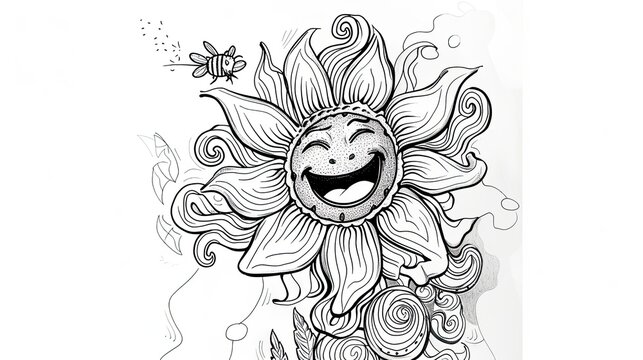 Drawn sunflower. Abstract, doodle, bumblebee, humanization, pencil, art, sun, seeds, oil, flower, field, summer, plant, vegetable garden, stem, light. Generated by AI