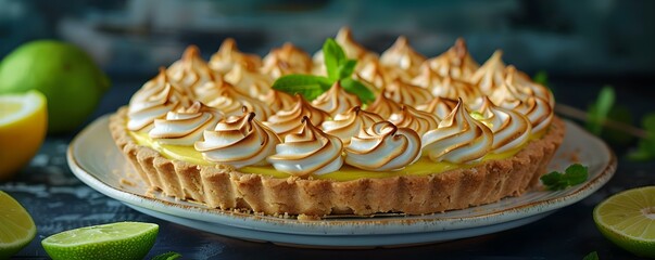 Sumptuous key lime pie and tangy lemon meringue tart on display. Concept Food Photography, Dessert Delights, Citrus Sweets Display, Luscious Baked Goods - obrazy, fototapety, plakaty