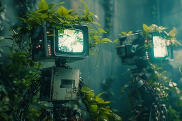 Surreal image of robot monitors in a foggy urban jungle, evoking themes of nature versus technology.

