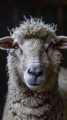 Fototapeta premium a sheep close-up portrait looking direct in camera with low-light, black backdrop