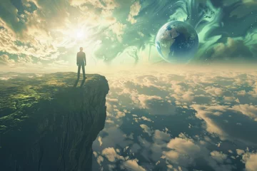 Tuinposter Man observes dawn of creation as he stands solitary on the brink of a massive cliff above swirling clouds and celestial phenomena © Lazy_Bear