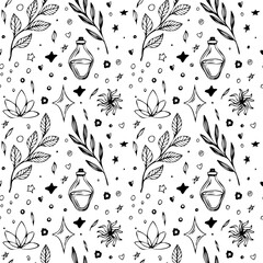 Seamless vector pattern. bottle with potion, leaves, lotus flower and starts, hearts, dots. Black outline vector illustration from isolated objects. Art for prints, book. Magic line elements.