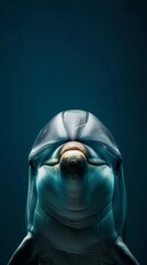 a dolphin close-up portrait looking direct in camera with low-light, black backdrop 