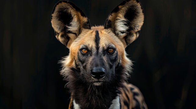 an african wild dog close-up portrait looking direct in camera with low-light, black backdrop. Painted Wolf dog