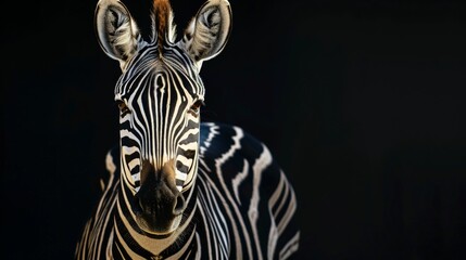 a zebra close-up portrait looking direct in camera with low-light, black backdrop - obrazy, fototapety, plakaty