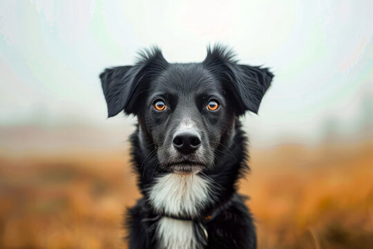 Black and white dog with collar on staring straight ahead into the camera.