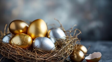 Fototapeta na wymiar Golden and silver eggs, shells in nest. Concept of easter, pricelless ideas, successful business investment or luxury breakfast 