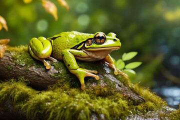 Green frog with black and orange eyes sitting on rock. - Powered by Adobe