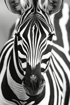 Zebra's face is shown in black and white with small portion of the animal's body visible on the side.
