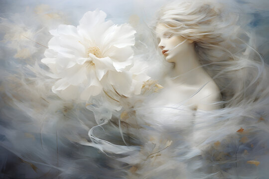portrait of a beautiful woman with a flower abstract art, white angel with flower, ai generated
