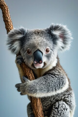 Baby koala is holding onto tree branch.