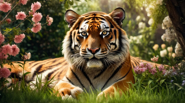 Tiger lays in field of flowers with its eyes open.