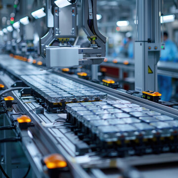 Mass production assembly line of electric vehicle battery cells close-up view