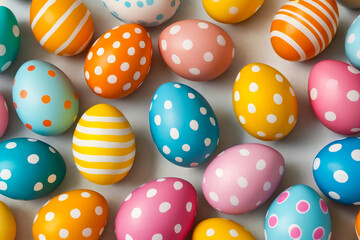 Many brightly colored eggs with blue yellow and pink spots sit next to each other.