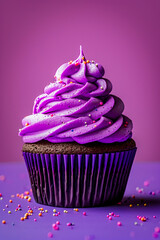 Purple cupcake with white and purple sprinkles on it.