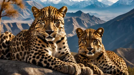 Poster Two leopards are sitting on rocky surface with mountains in the background. © valentyn640