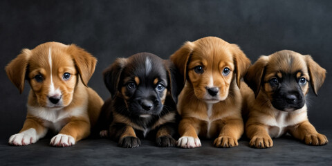 Four adorable puppies sit side by side one another.