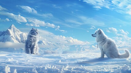 In a wide expanse of snow there is a and a Samoyed dog, In the distance