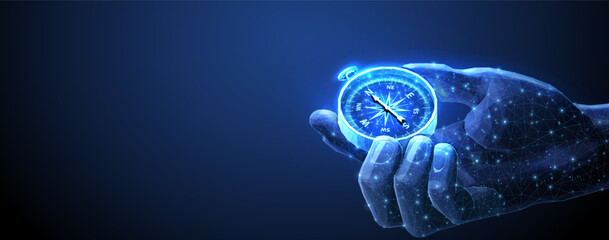 Compass in digital hand. business strategic explorer, Vision crisis, Mission path, Agency creative