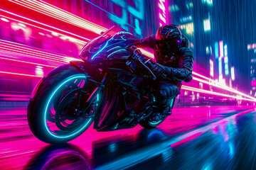 Person is riding motorcycle that has blue and purple lights on it. - obrazy, fototapety, plakaty