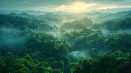 Misty mountains emerge from a sea of fog, sunlight peeking through the clouds to illuminate the green valley below.Generative Ai Illustration.