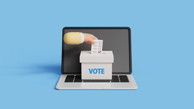 Modern electronic voting system for election. Voting online, e-voting or elections concept. 3D hand putting voting paper in the ballot box on a laptop. 3d illustration