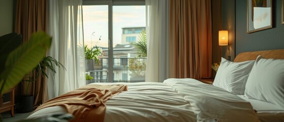 View of comfortable bed in spacious bedroom with attached balcony of modern apartment seen through window